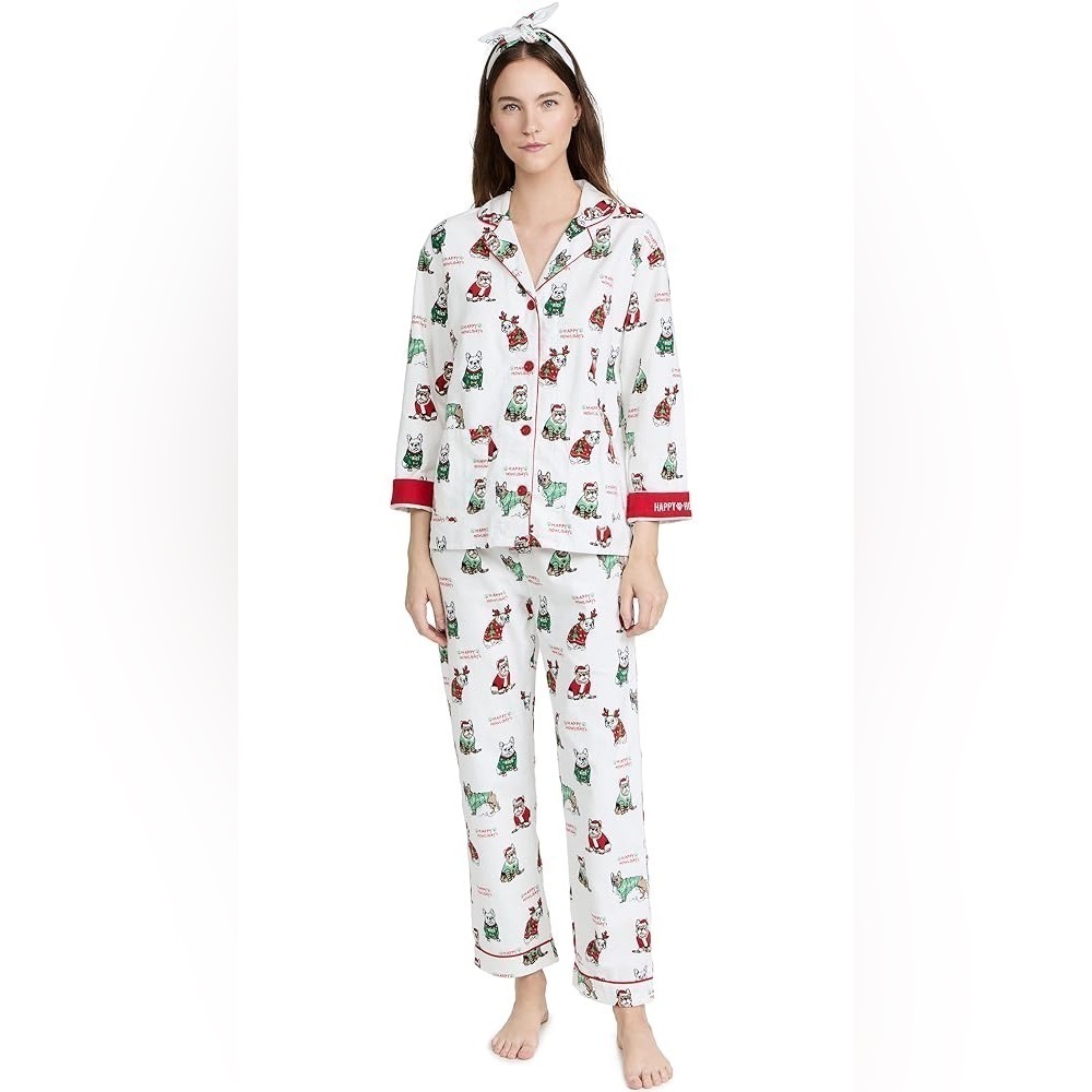PJ Salvage women’s Festive White Flannel PJ Set, XS, frenchies, Christmas, EUC